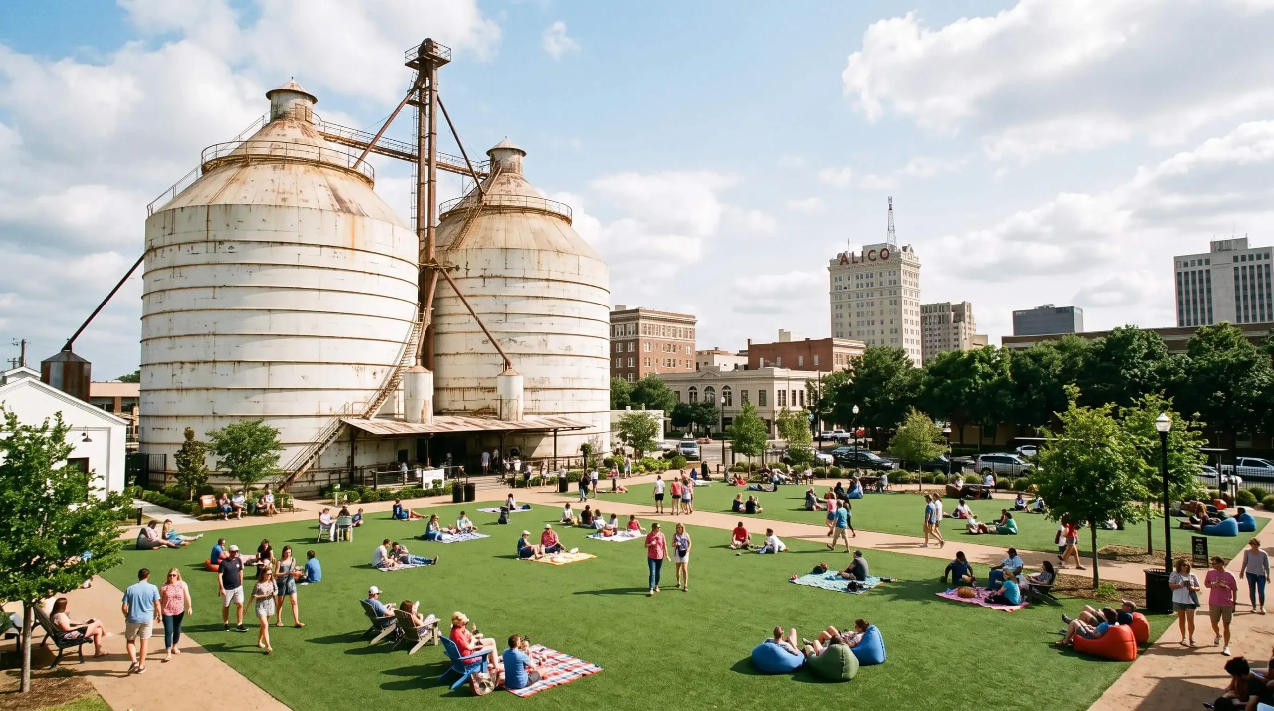 Two large white grain silos with a lawn full of visitors and the Waco skyline behind them
