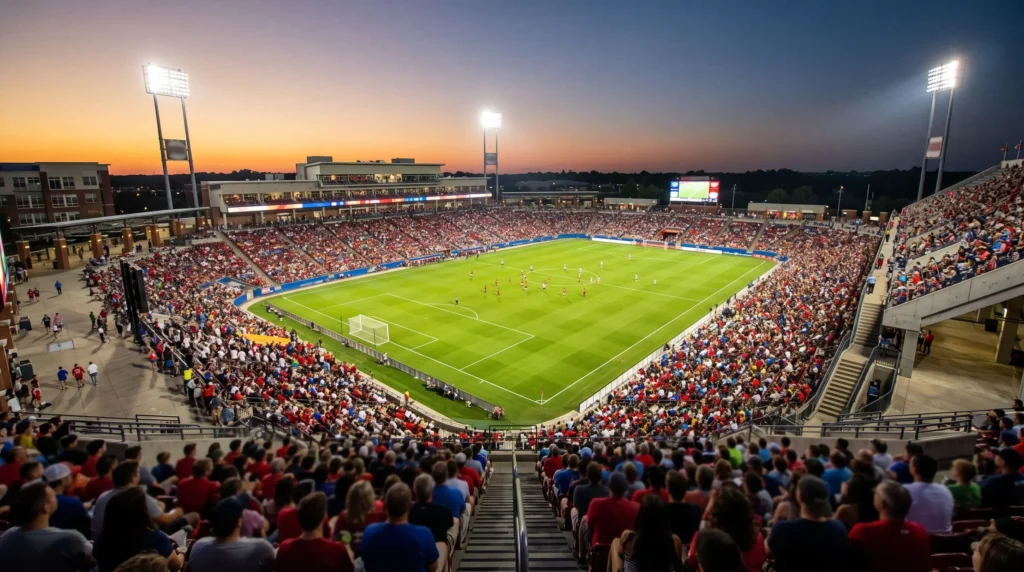 Things to Do in Frisco, TX for Sports, Museums and Parks 3 Toyota Stadium in Frisco, Texas, home of FC Dallas, lit up at dusk