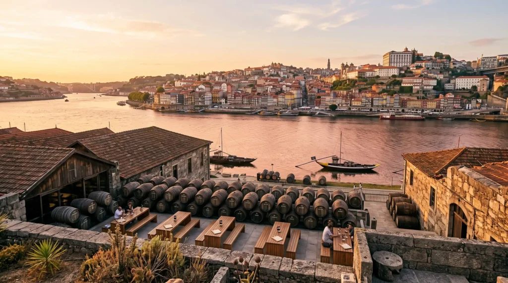 Portugal Itinerary for 10 Days From Lisbon to Porto and the Douro 7 Port wine cellars and barrels on the Vila Nova de Gaia waterfront with Porto across the river