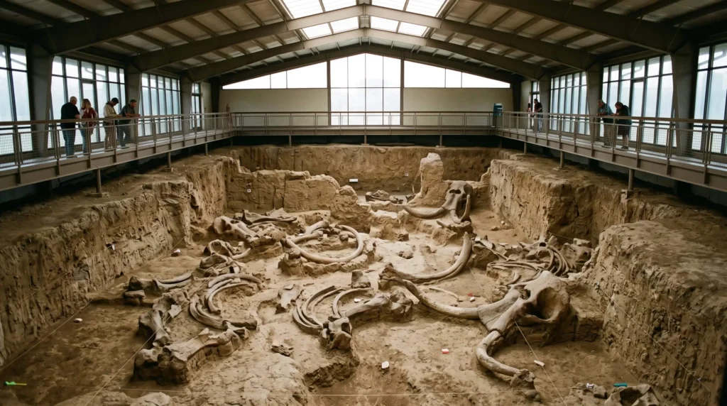 Things to Do in Waco, Texas for Silos, Mammoths and Dr Pepper 3 Mammoth bones in place inside the covered dig shelter at Waco Mammoth National Monument
