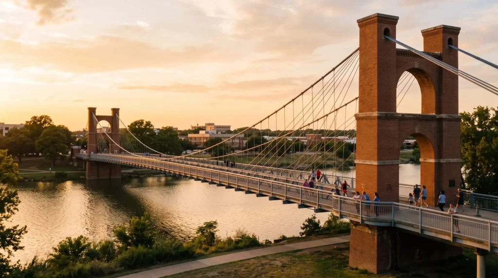 Things to Do in Waco, Texas for Silos, Mammoths and Dr Pepper 5 Waco Suspension Bridge with brick towers and steel cables over the Brazos River at golden hour