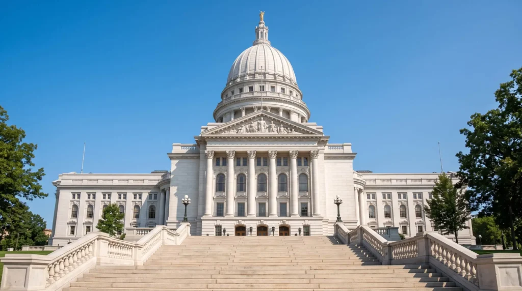 Things to Do in Madison, Wisconsin With Lakes, the Capitol and Cheese Curds 2 White granite dome of the Wisconsin State Capitol in Madison above wide steps